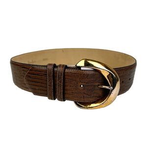Neiman Marcus Genuine Lizard Grain Leather Gold Buckle Belt Brown Wide Sz Large